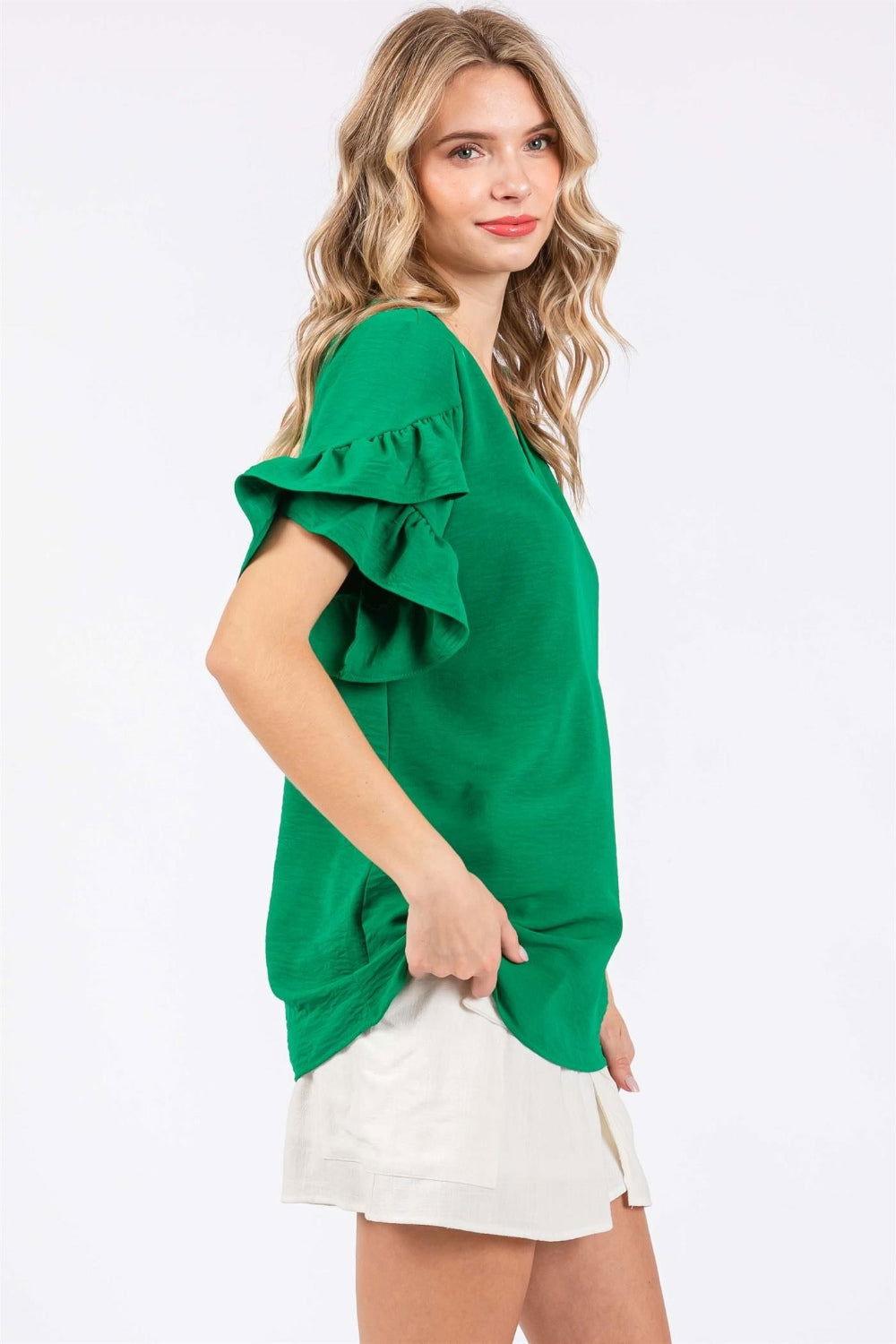 GeeGee Ruffled Short Sleeve V-Neck Blouse - Clothes For Her Online Store