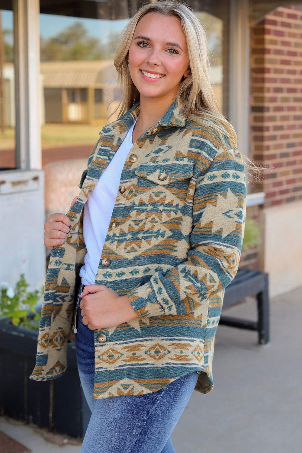 Geometric Button Down Collared Jacket - Clothes For Her Online Store