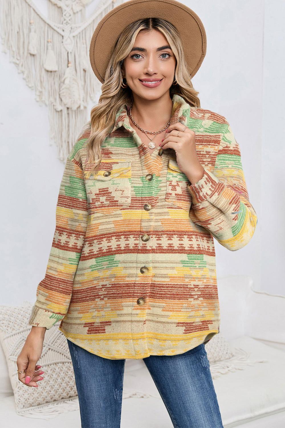 Geometric Button Down Collared Jacket - Clothes For Her Online Store