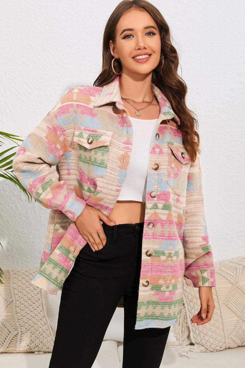 Geometric Button Down Collared Jacket - Clothes For Her Online Store