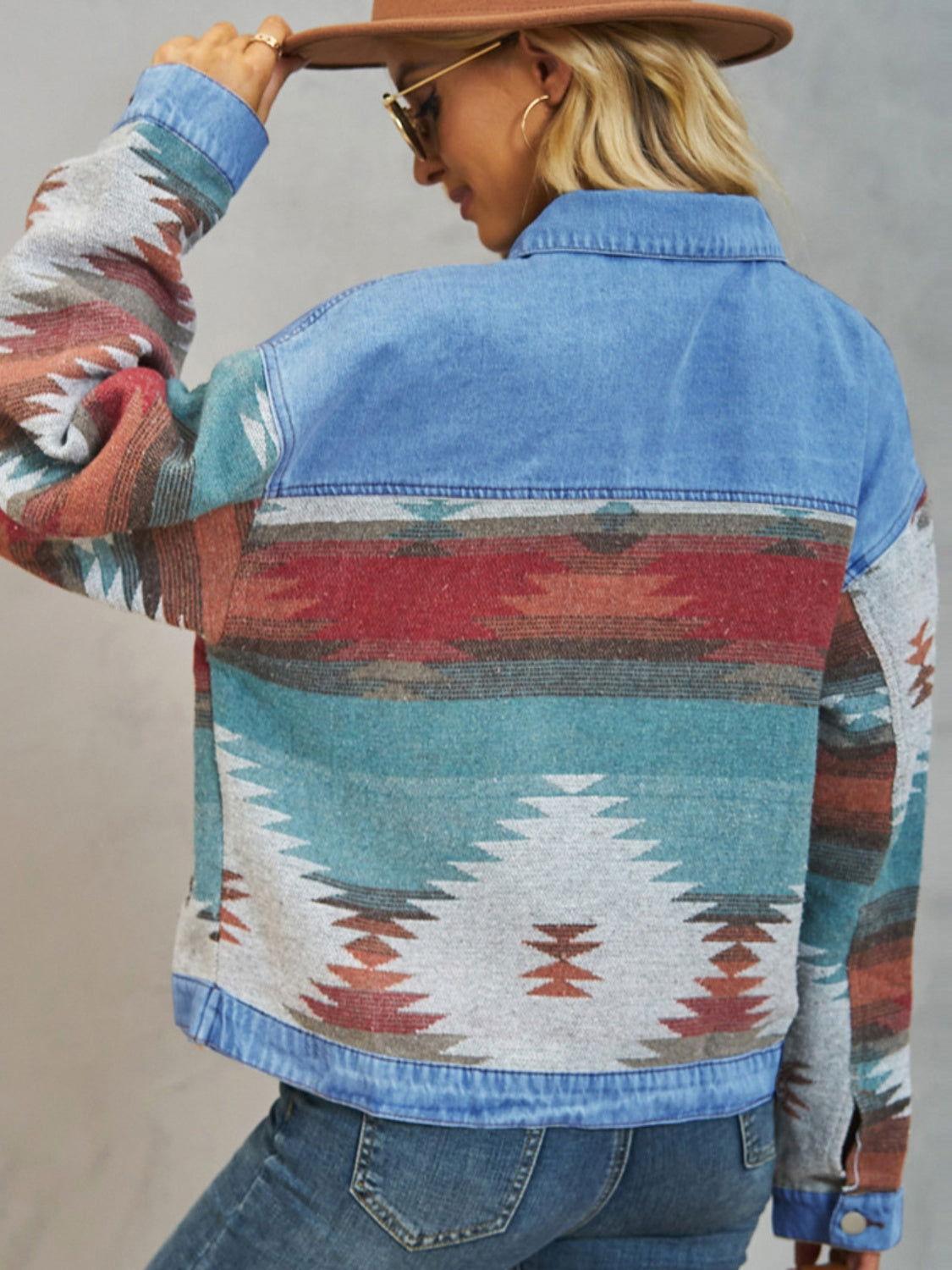 Geometric Button Up Dropped Shoulder Denim Jacket - Clothes For Her Online Store