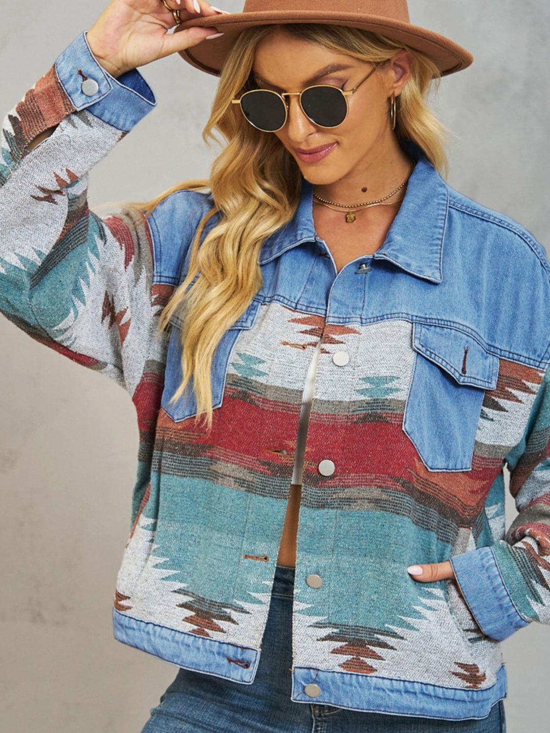 Geometric Button Up Dropped Shoulder Denim Jacket - Clothes For Her Online Store