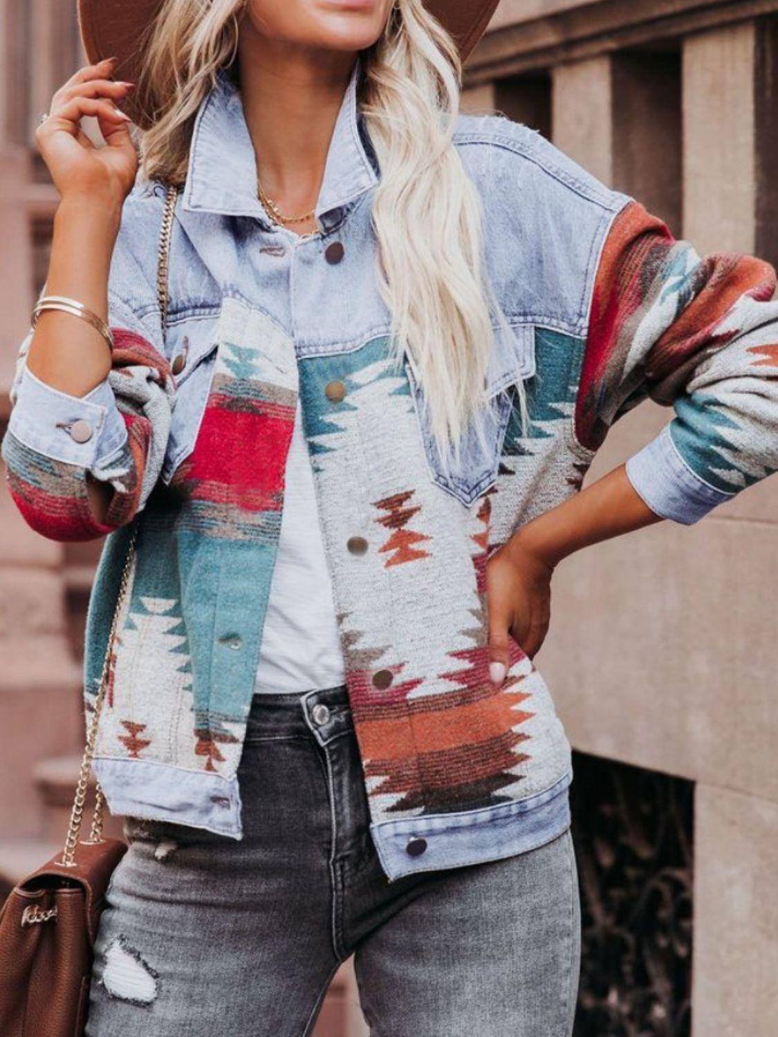 Geometric Button Up Long Sleeve Denim Jacket - Clothes For Her Online Store