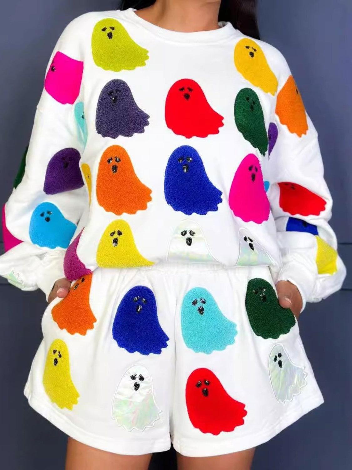 Ghost Printed Round Neck Long Sleeve Top and Shorts Set - Clothes For Her Online Store