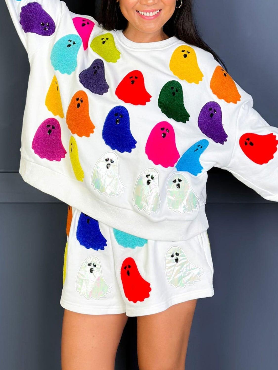 Ghost Printed Round Neck Long Sleeve Top and Shorts Set - Clothes For Her Online Store