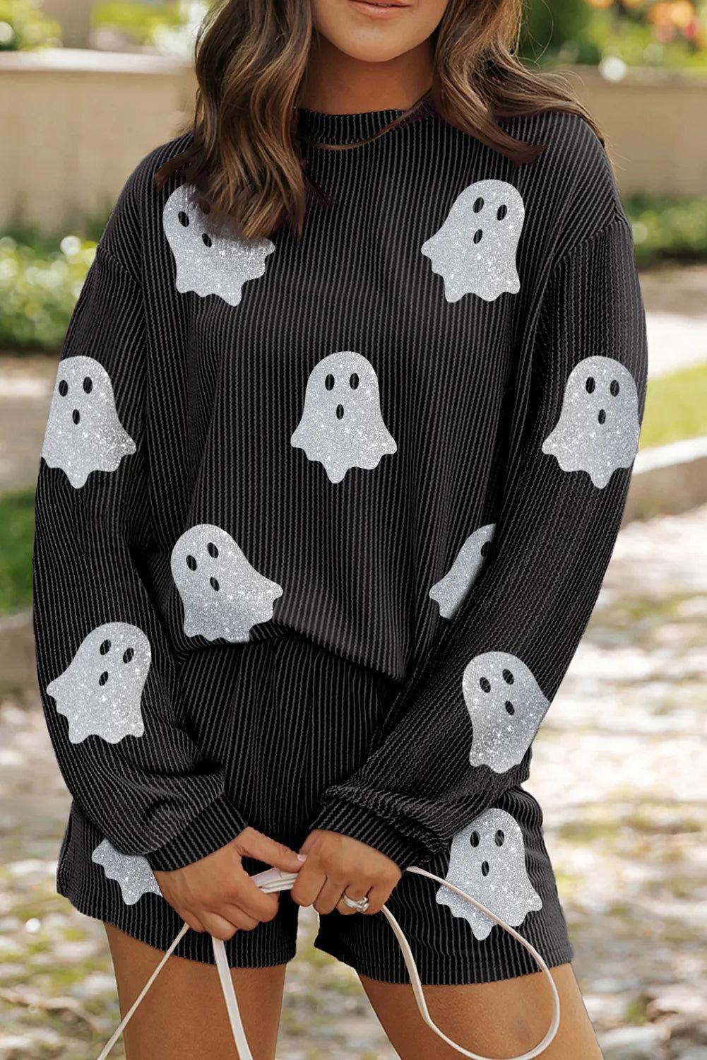 Glitter Ghost Round Neck Long Sleeve Top and Shorts Set - Clothes For Her Online Store