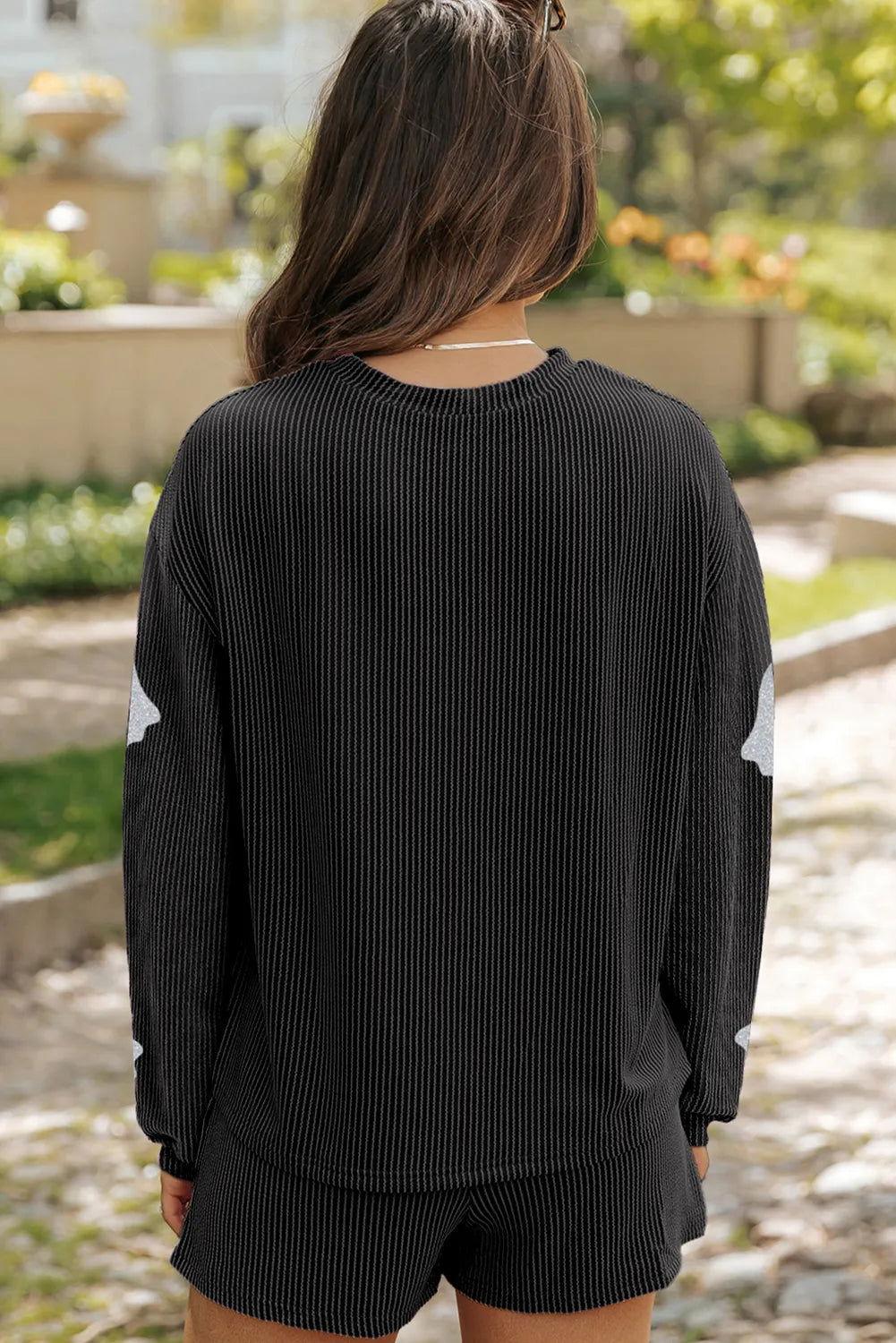 Glitter Ghost Round Neck Long Sleeve Top and Shorts Set - Clothes For Her Online Store