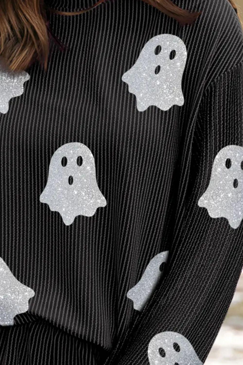 Glitter Ghost Round Neck Long Sleeve Top and Shorts Set - Clothes For Her Online Store