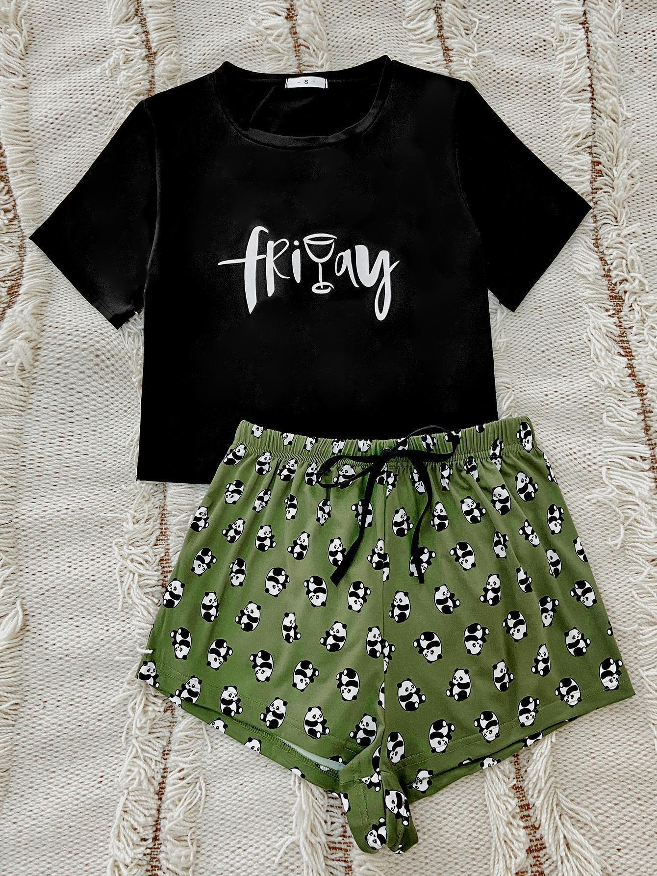 Graphic Tee and Panda Print Shorts Lounge Set - Clothes For Her Online Store