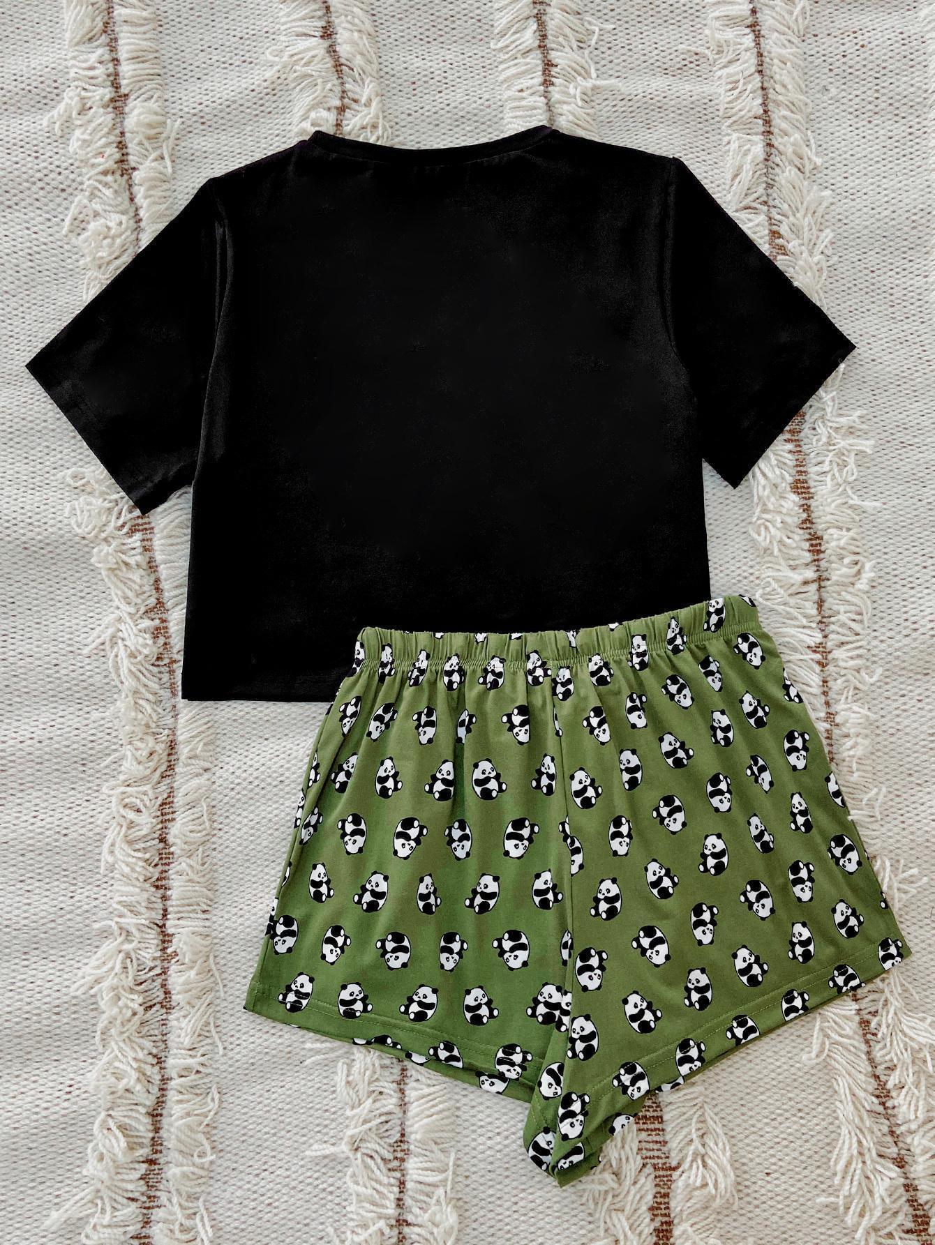 Graphic Tee and Panda Print Shorts Lounge Set - Clothes For Her Online Store