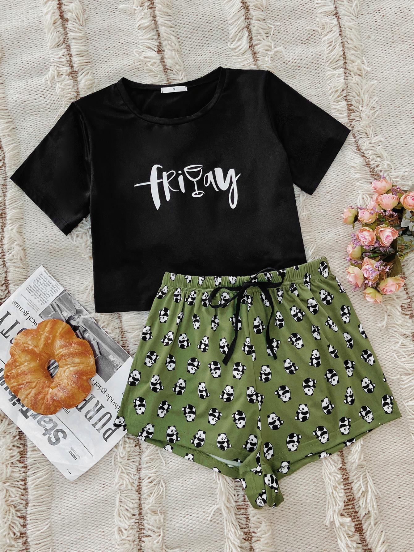 Graphic Tee and Panda Print Shorts Lounge Set - Clothes For Her Online Store