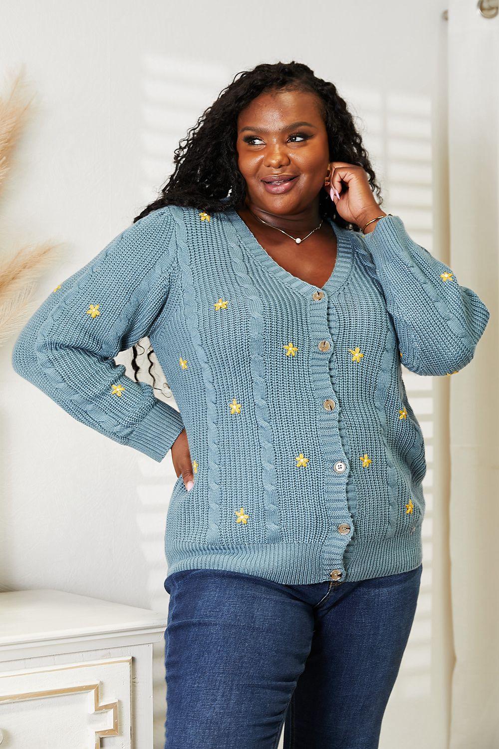 HEYSON Full Size Floral Embroidered Cable Cardigan - Clothes For Her Online Store