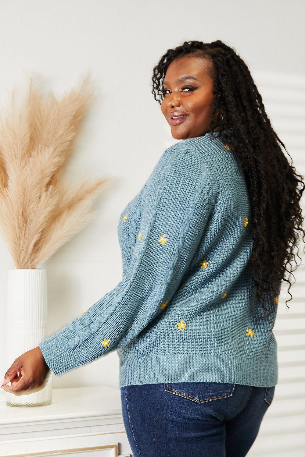HEYSON Full Size Floral Embroidered Cable Cardigan - Clothes For Her Online Store