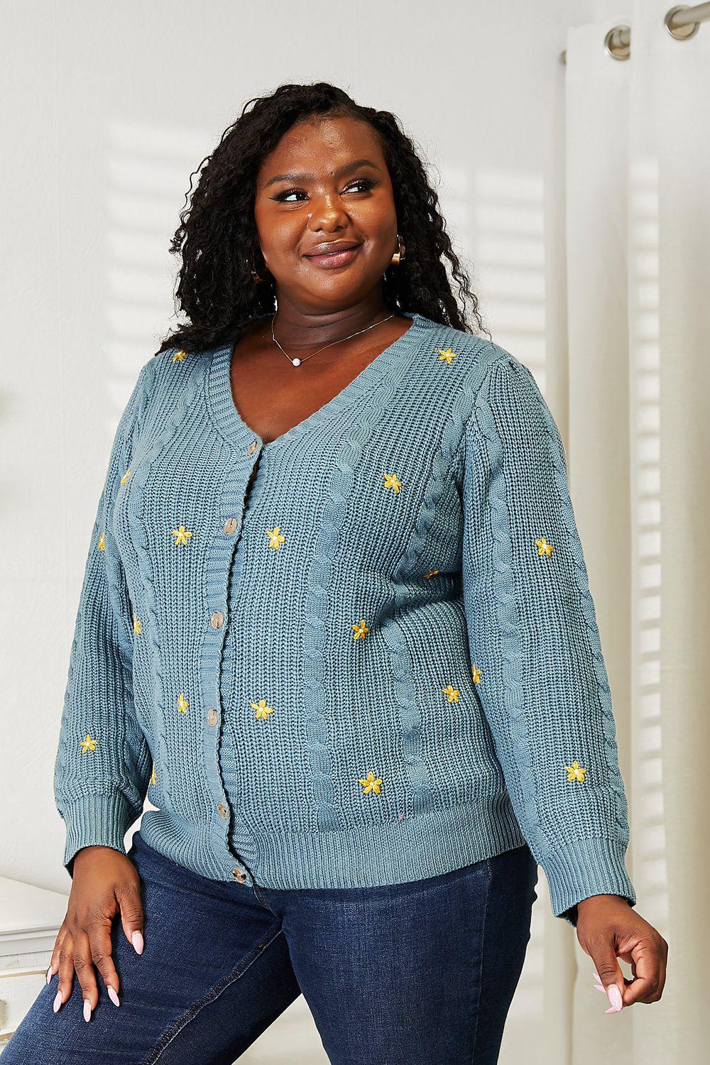 HEYSON Full Size Floral Embroidered Cable Cardigan - Clothes For Her Online Store