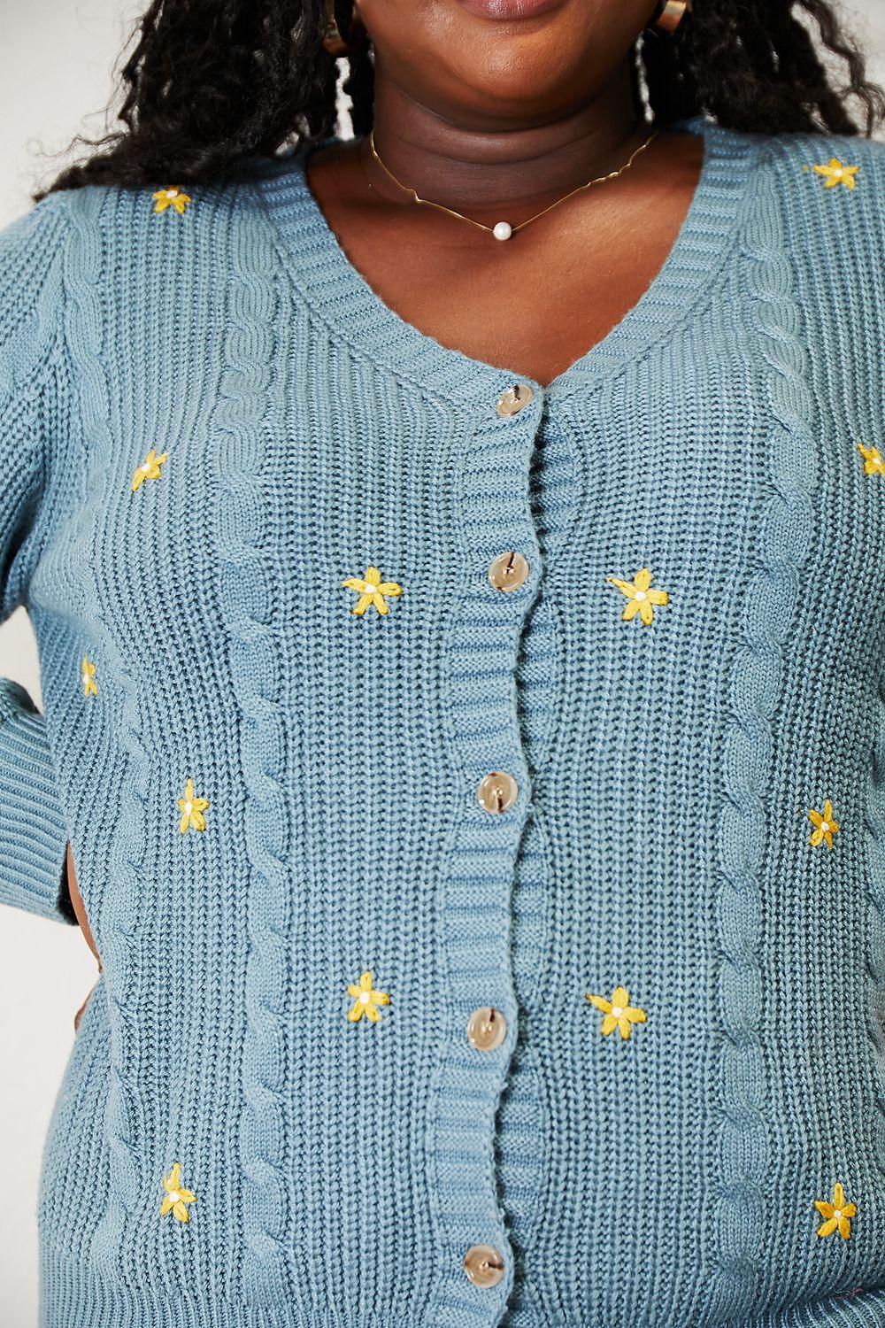HEYSON Full Size Floral Embroidered Cable Cardigan - Clothes For Her Online Store