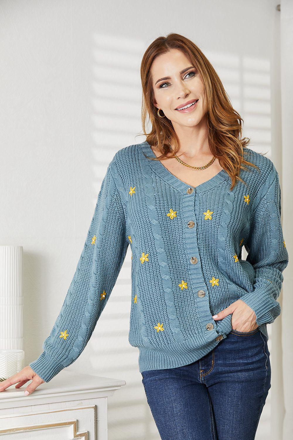 HEYSON Full Size Floral Embroidered Cable Cardigan - Clothes For Her Online Store