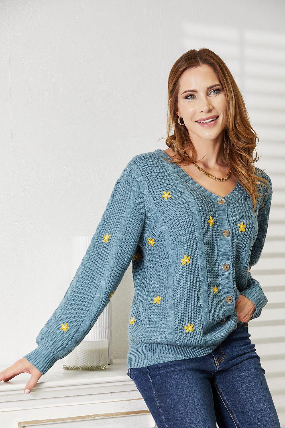 HEYSON Full Size Floral Embroidered Cable Cardigan - Clothes For Her Online Store