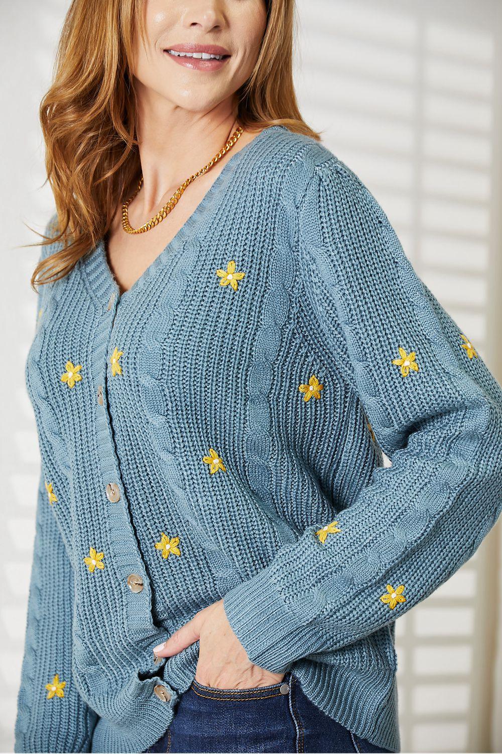 HEYSON Full Size Floral Embroidered Cable Cardigan - Clothes For Her Online Store