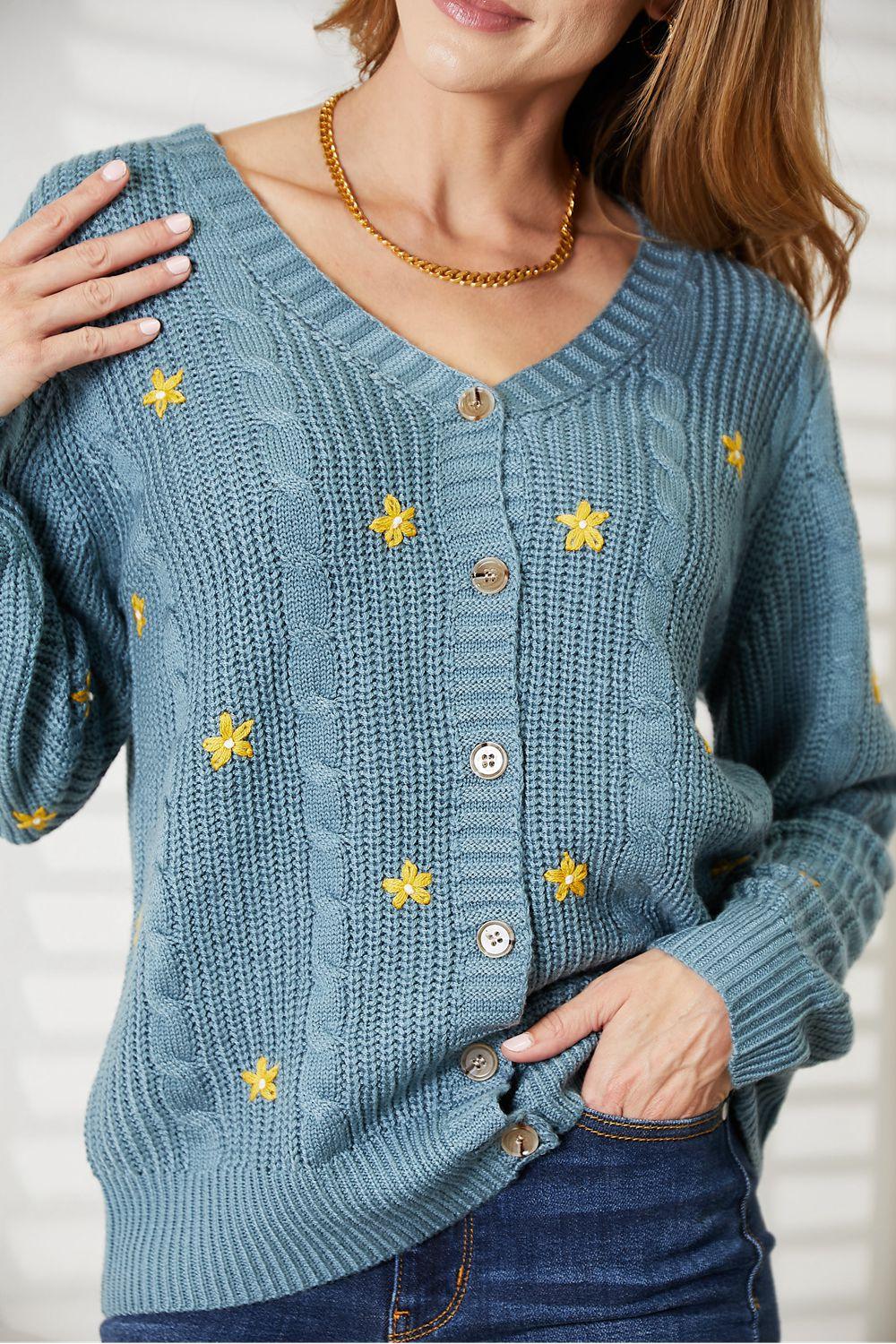 HEYSON Full Size Floral Embroidered Cable Cardigan - Clothes For Her Online Store