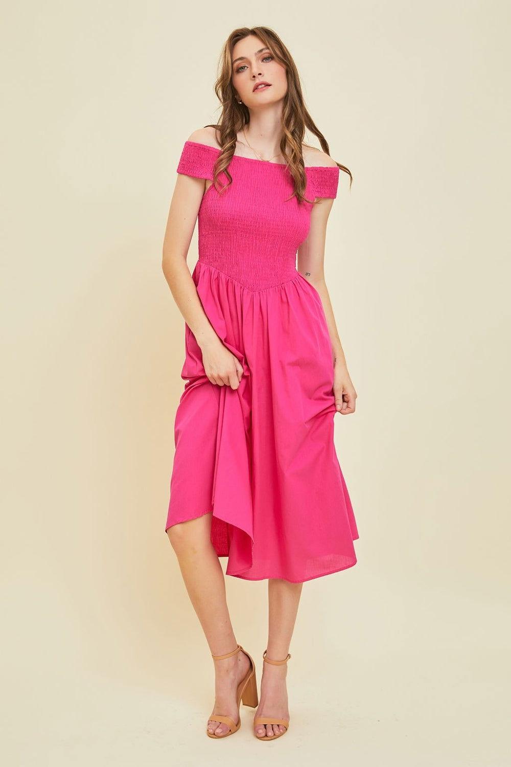 HEYSON Off-Shoulder Smocked Midi Dress - Clothes For Her Online Store