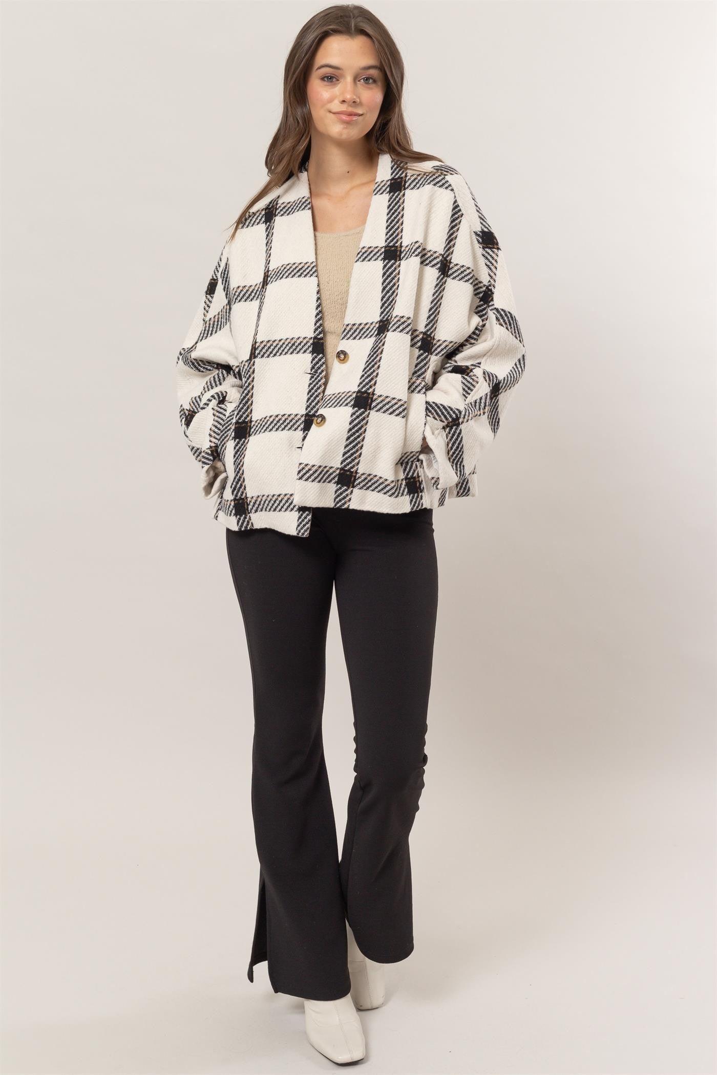 HYFVE Plaid Long Sleeve Jacket with Side Slit Pockets - Clothes For Her Online Store