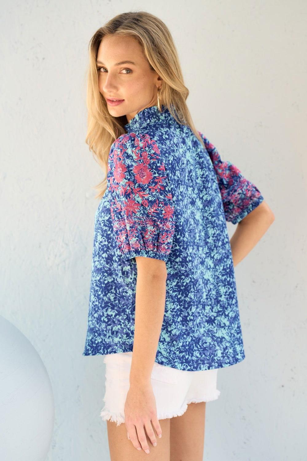 Hailey & Co Embroidered Puff Sleeve Printed Blouse - Clothes For Her Online Store