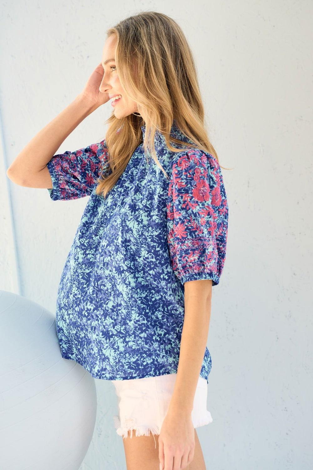 Hailey & Co Embroidered Puff Sleeve Printed Blouse - Clothes For Her Online Store
