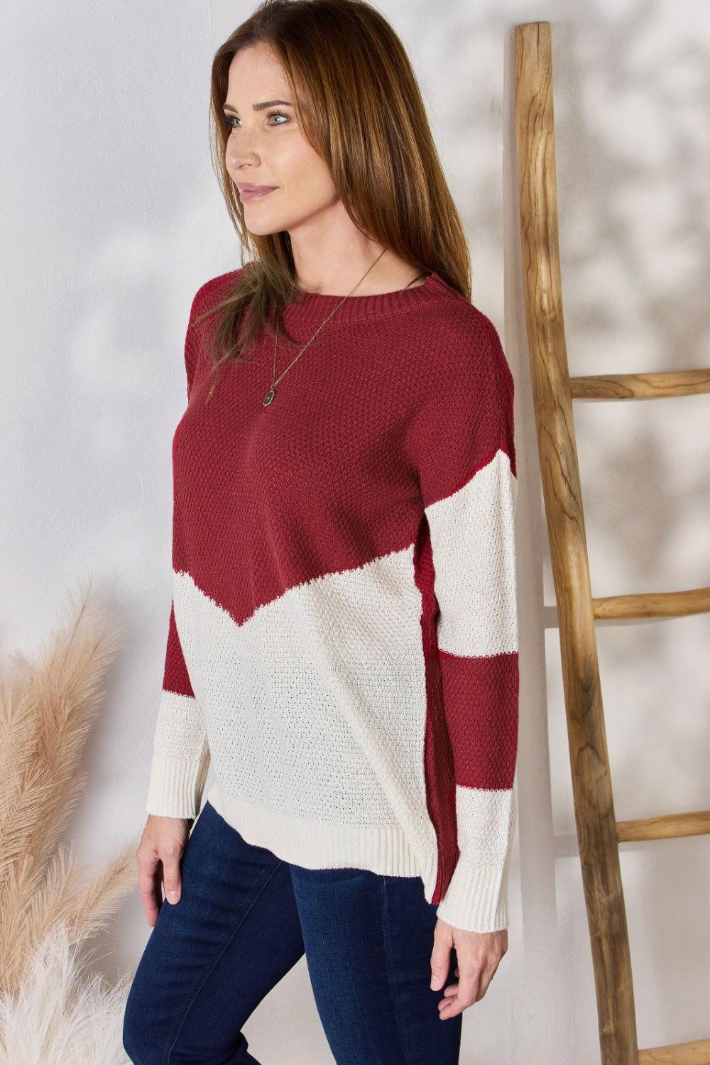 Hailey & Co Full Size Color Block Dropped Shoulder Knit Top - Clothes For Her Online Store