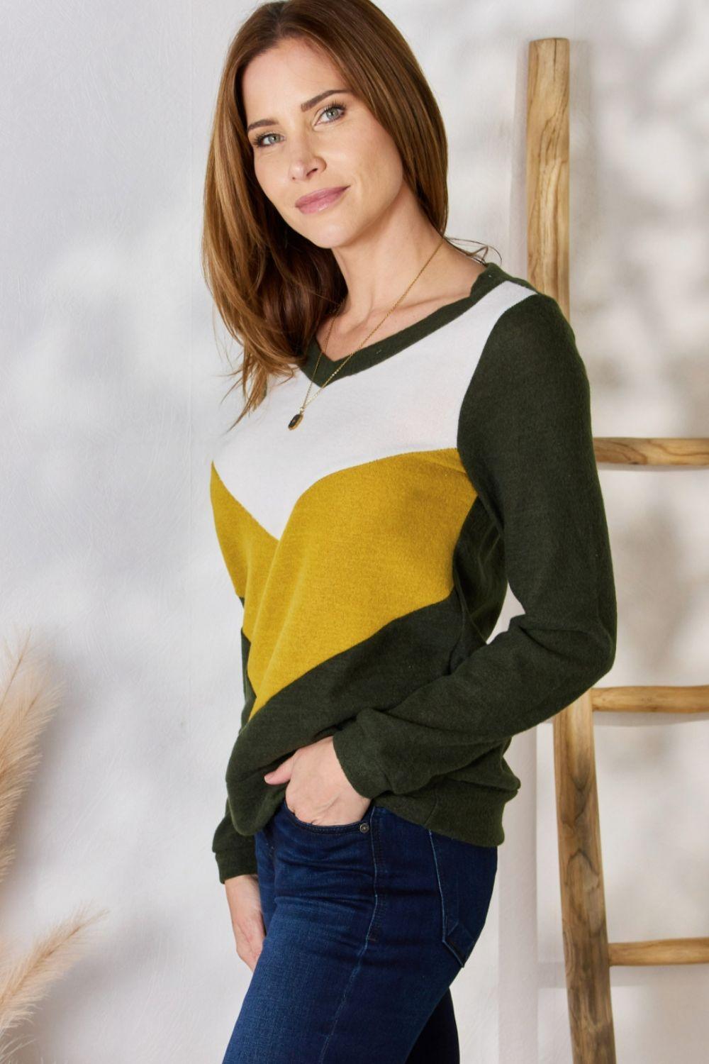 Hailey & Co Full Size Colorblock V-Neck Blouse - Clothes For Her Online Store