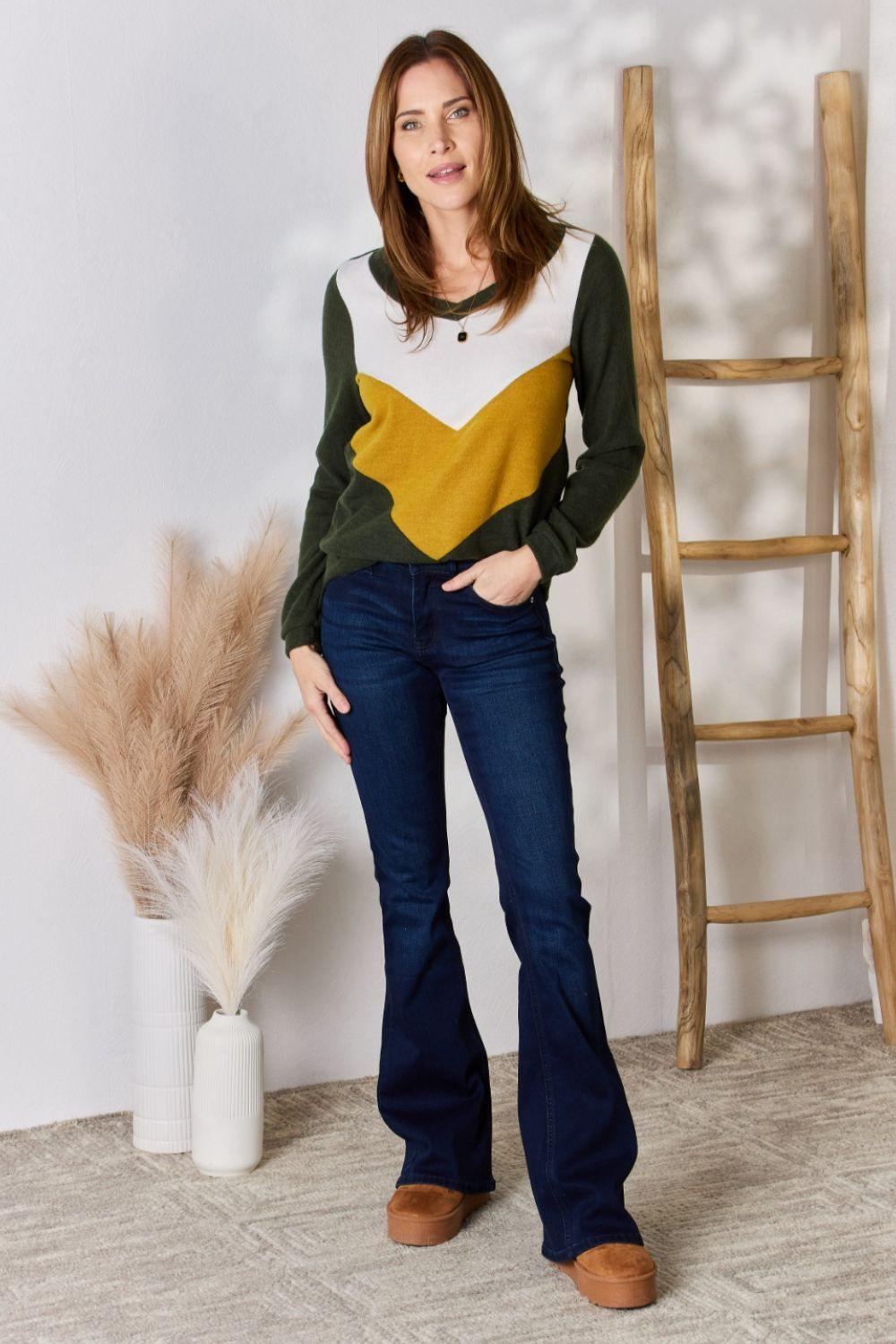 Hailey & Co Full Size Colorblock V-Neck Blouse - Clothes For Her Online Store