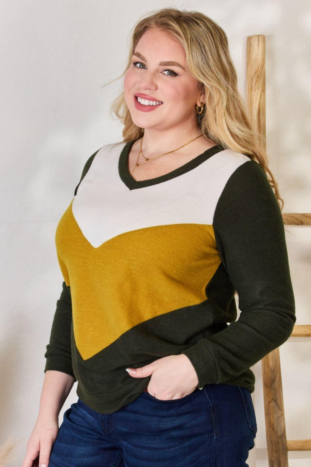 Hailey & Co Full Size Colorblock V-Neck Blouse - Clothes For Her Online Store