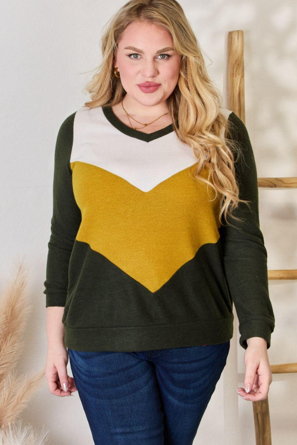 Hailey & Co Full Size Colorblock V-Neck Blouse - Clothes For Her Online Store