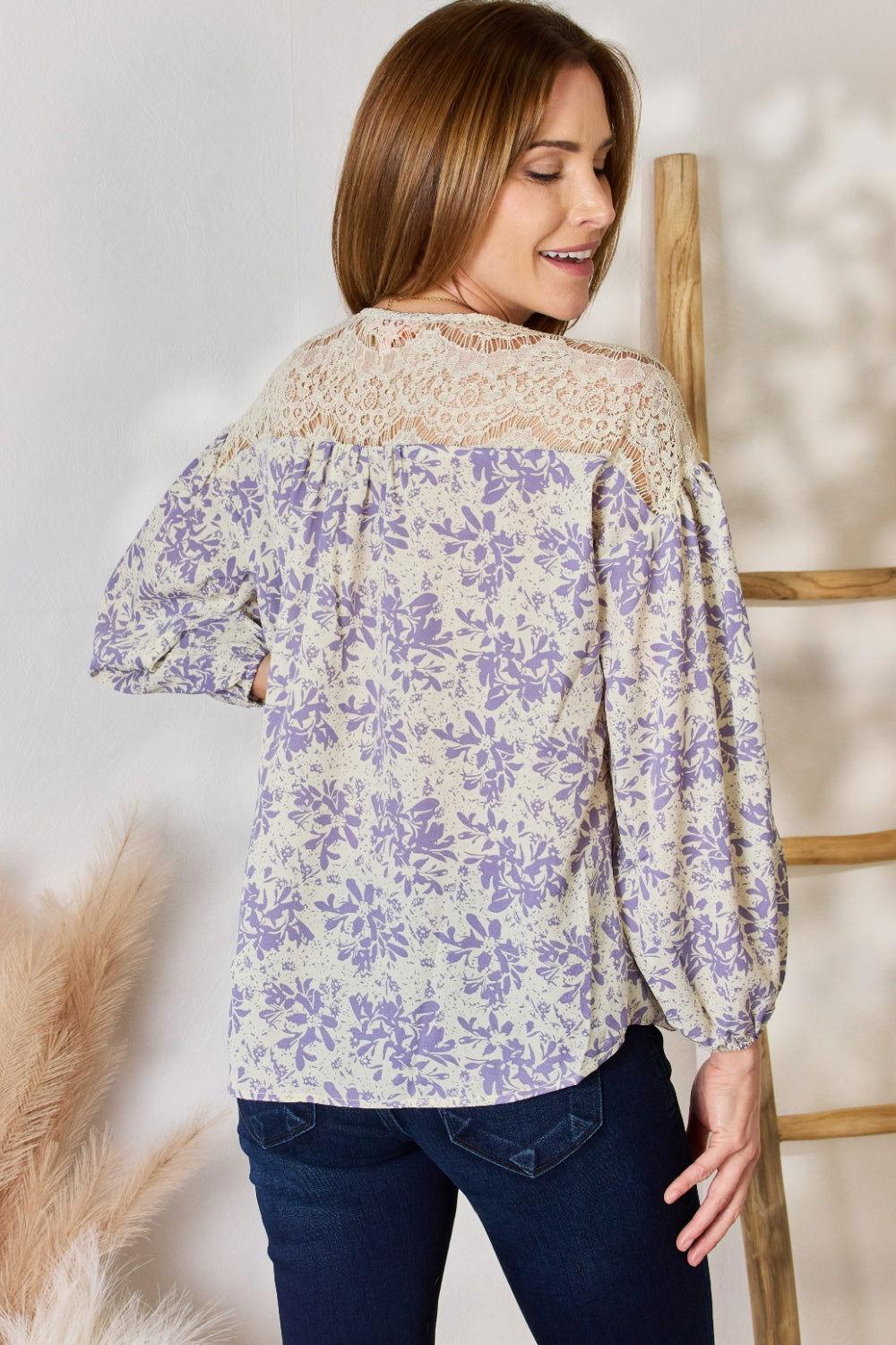 Hailey & Co Full Size Lace Detail Printed Blouse - Clothes For Her Online Store