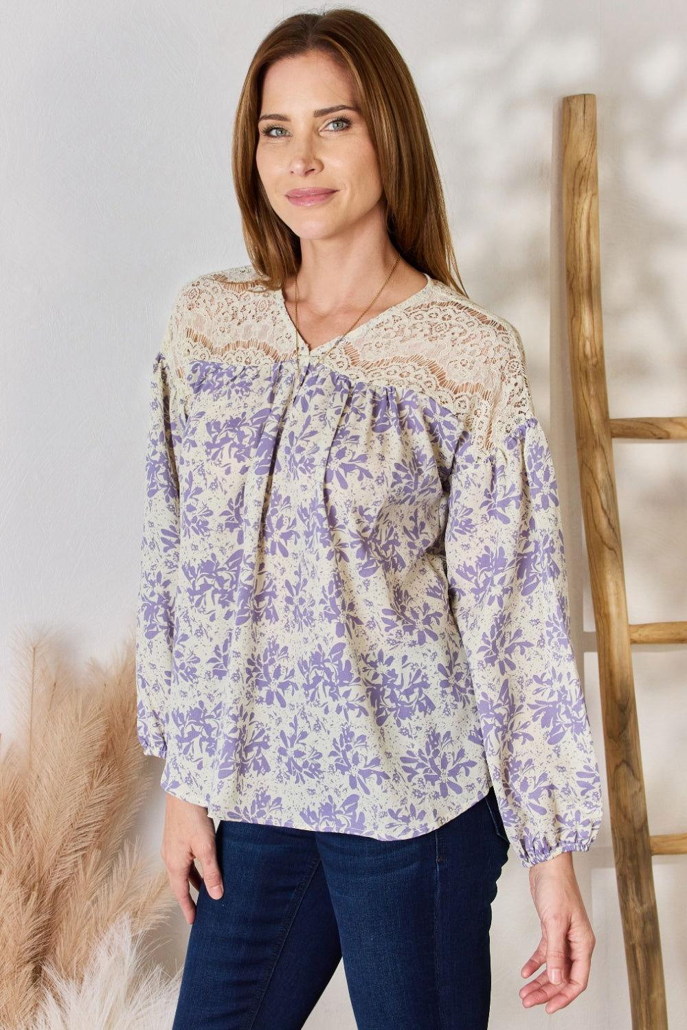 Hailey & Co Full Size Lace Detail Printed Blouse - Clothes For Her Online Store