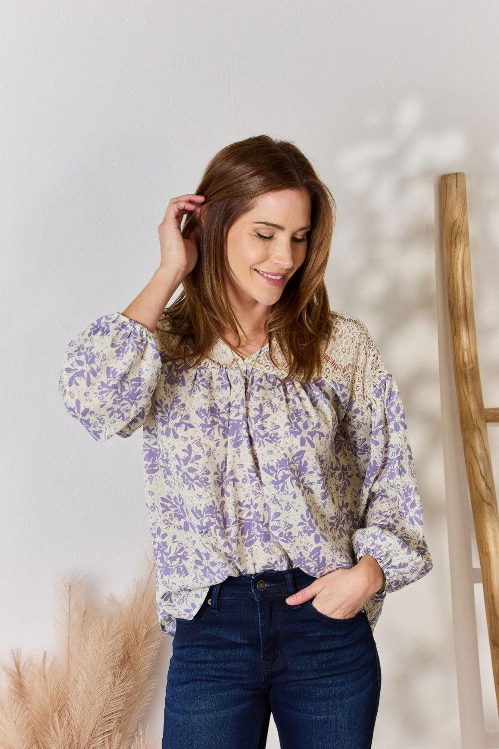 Hailey & Co Full Size Lace Detail Printed Blouse - Clothes For Her Online Store
