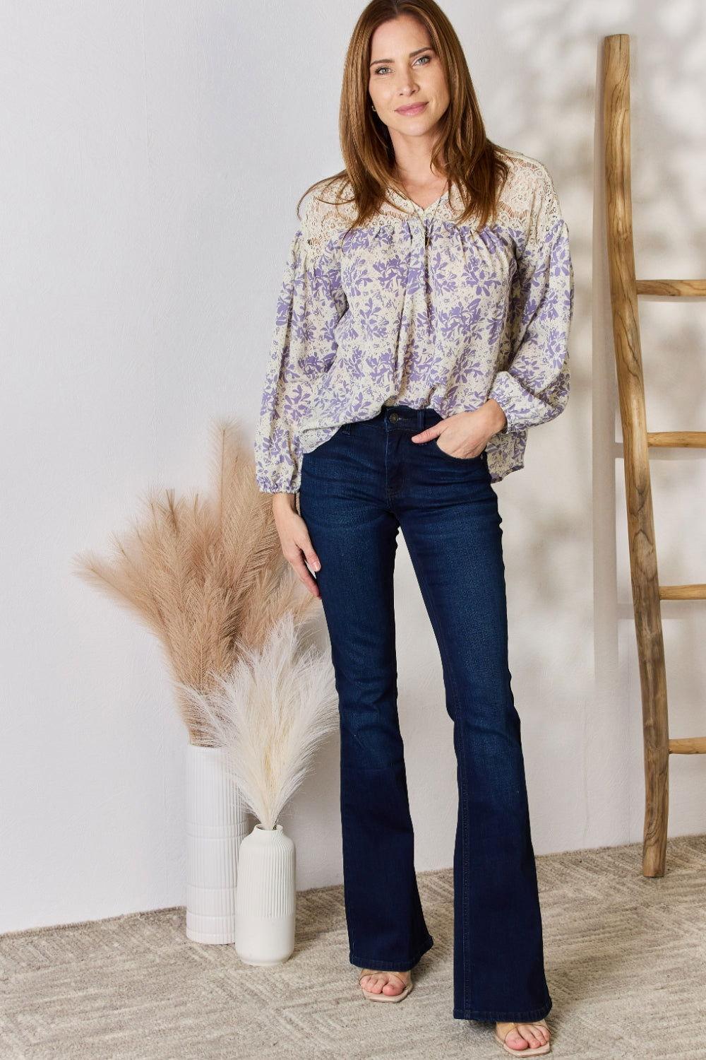 Hailey & Co Full Size Lace Detail Printed Blouse - Clothes For Her Online Store