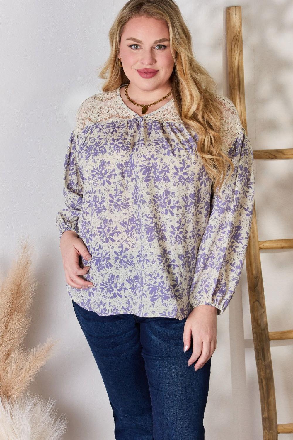 Hailey & Co Full Size Lace Detail Printed Blouse - Clothes For Her Online Store