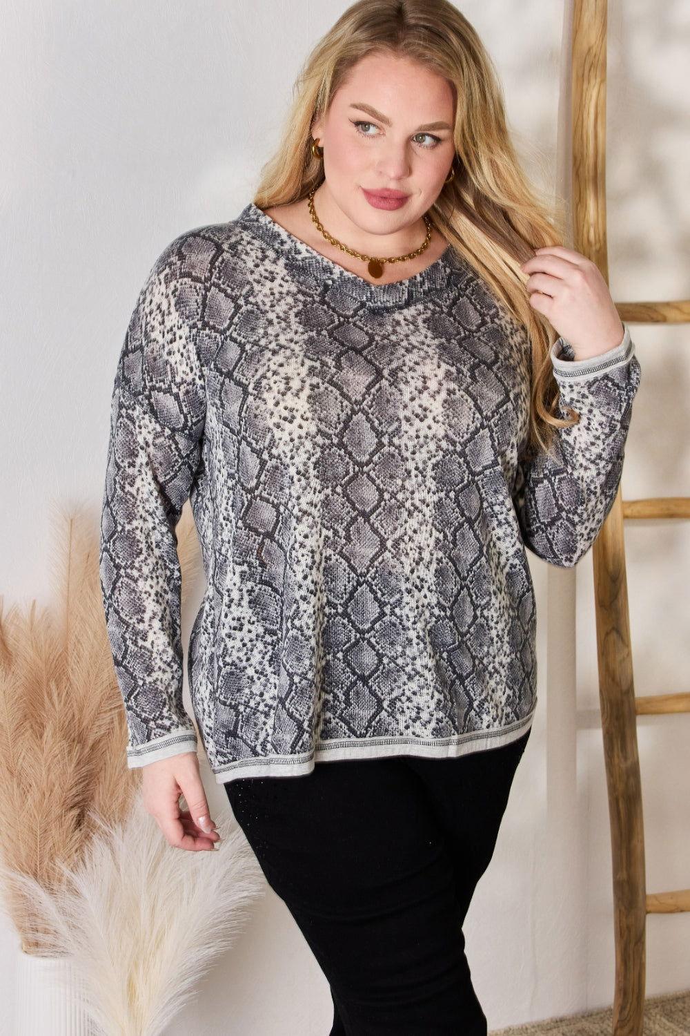 Hailey & Co Full Size Snakeskin V-Neck Long Sleeve Top - Clothes For Her Online Store