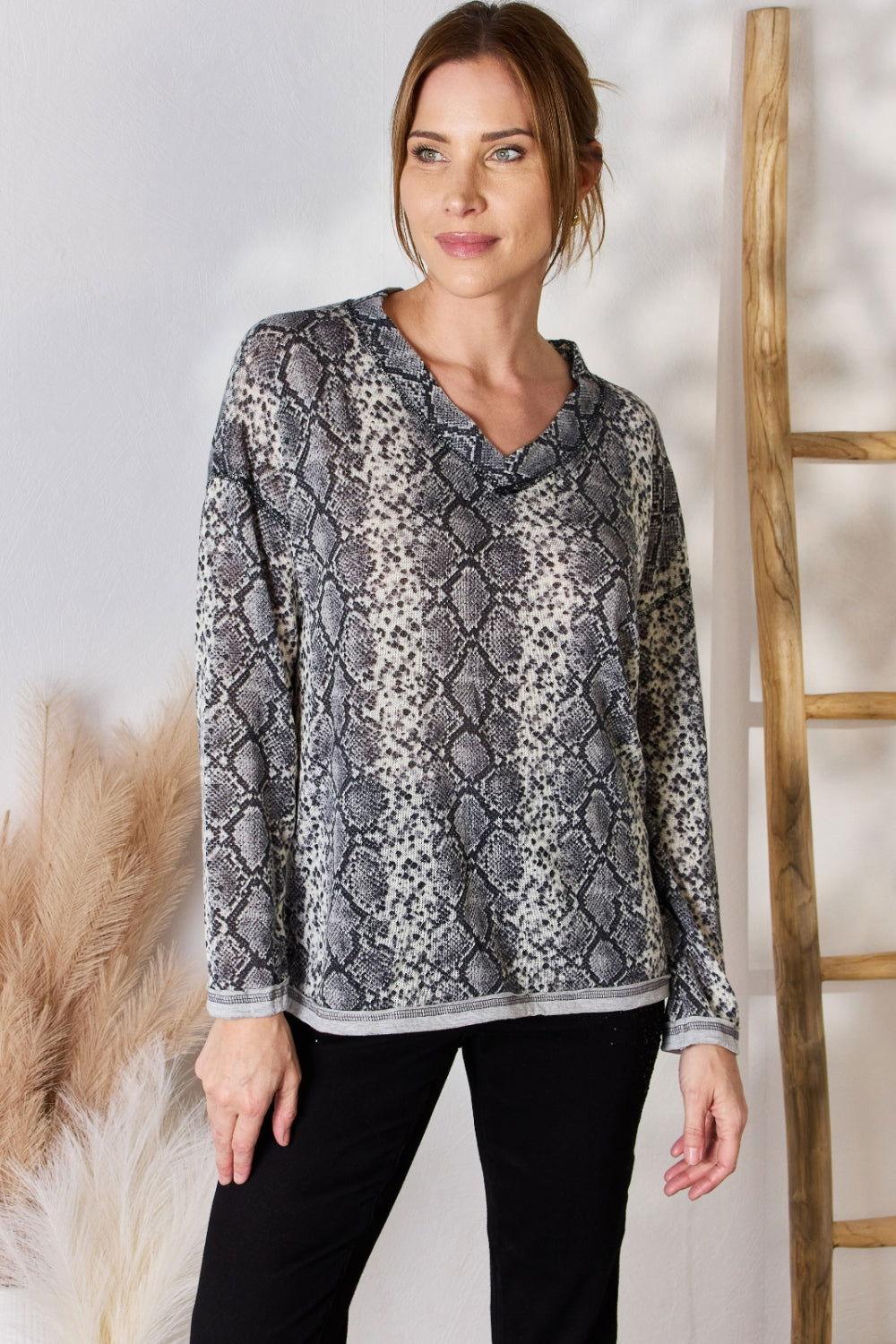 Hailey & Co Full Size Snakeskin V-Neck Long Sleeve Top - Clothes For Her Online Store