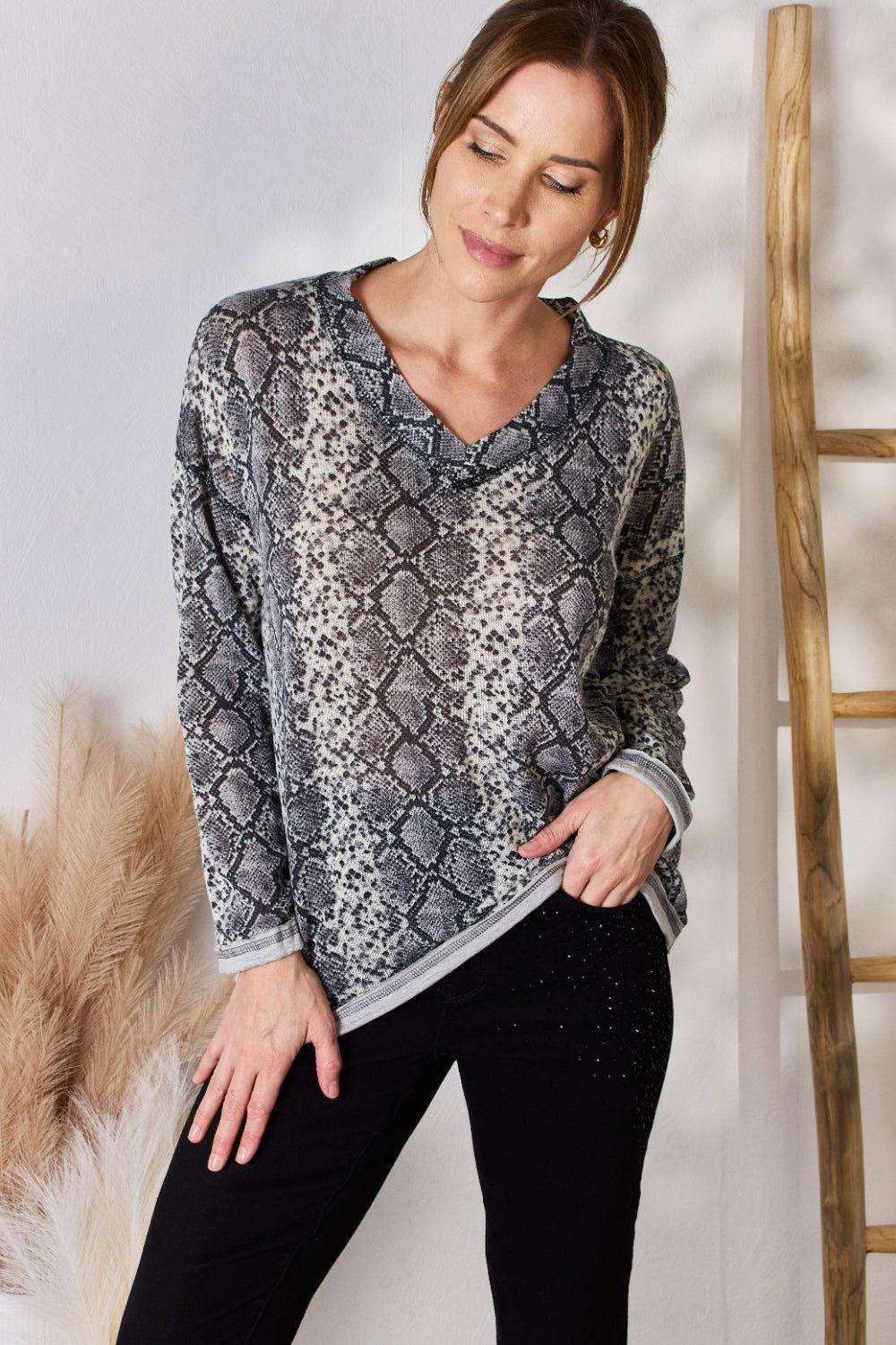 Hailey & Co Full Size Snakeskin V-Neck Long Sleeve Top - Clothes For Her Online Store