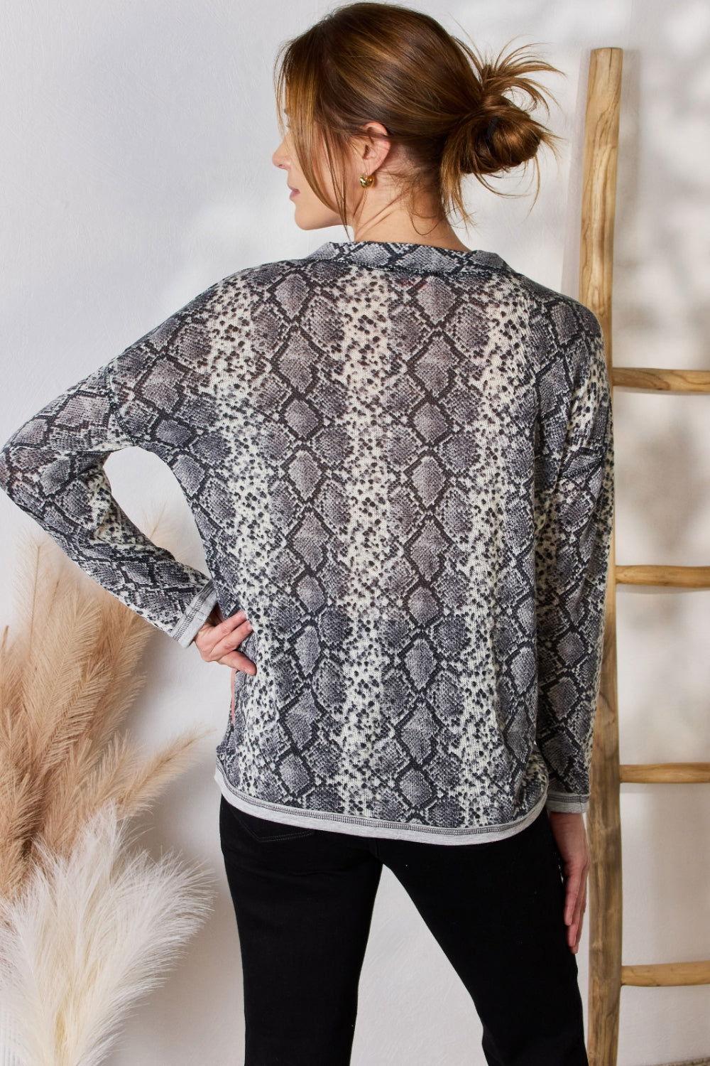 Hailey & Co Full Size Snakeskin V-Neck Long Sleeve Top - Clothes For Her Online Store