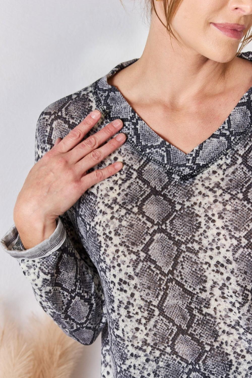 Hailey & Co Full Size Snakeskin V-Neck Long Sleeve Top - Clothes For Her Online Store