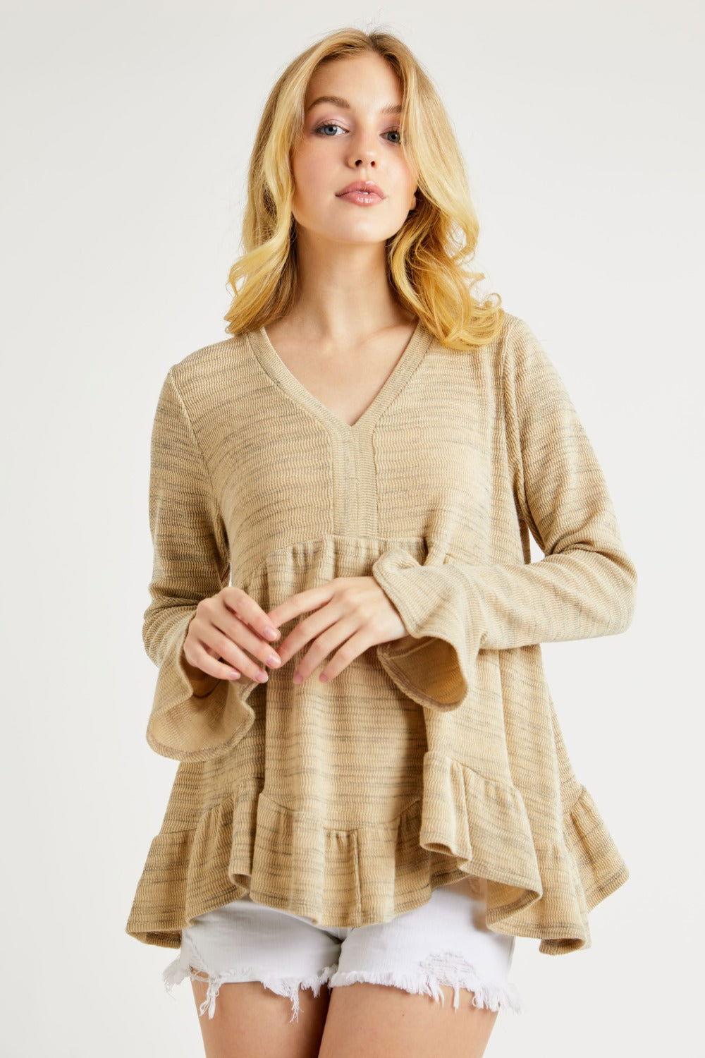 Hailey & Co V-Neck Flounce Sleeve Knit Top - Clothes For Her Online Store
