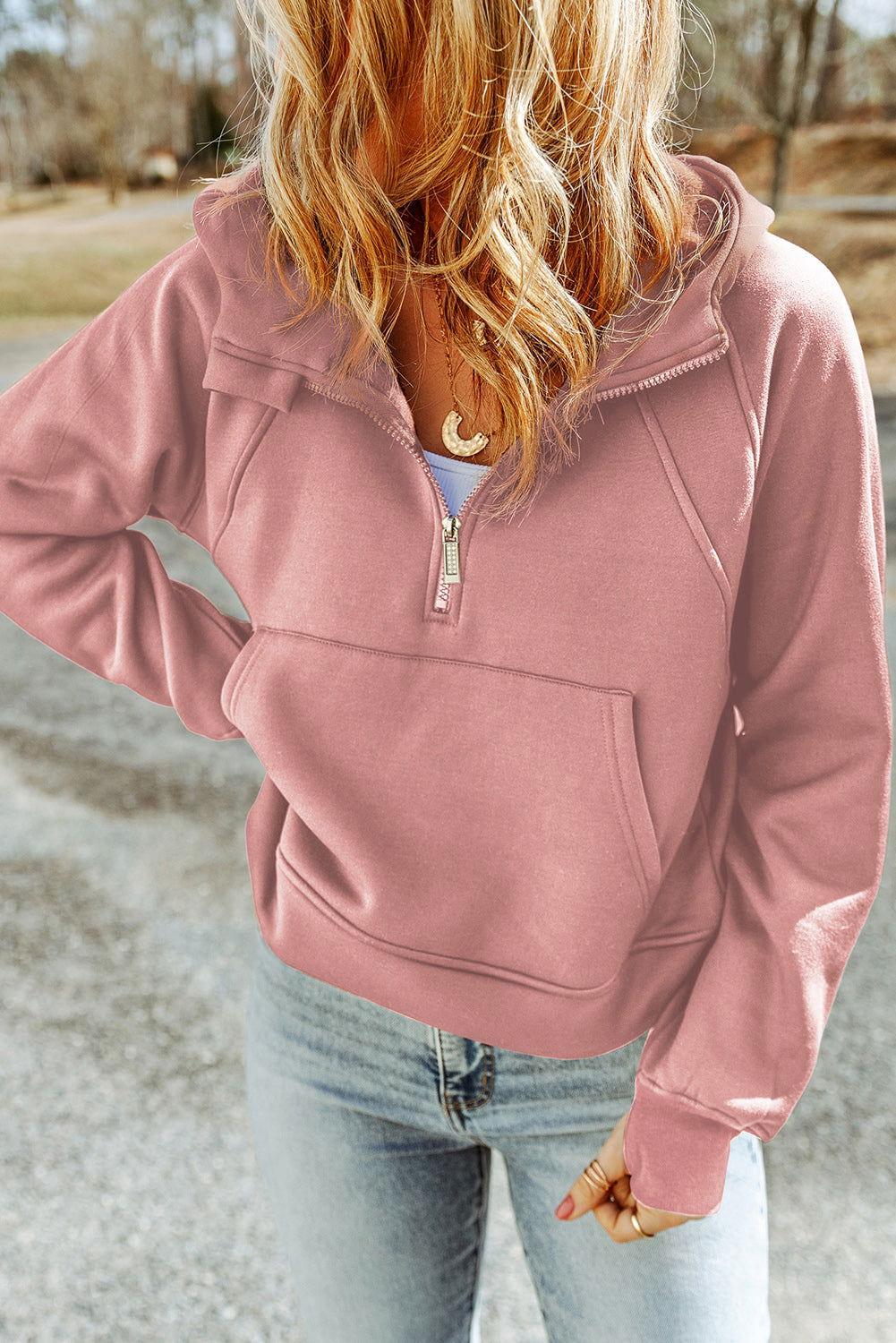 Half-Zip Thumbhole Sleeve Hoodie - Clothes For Her Online Store