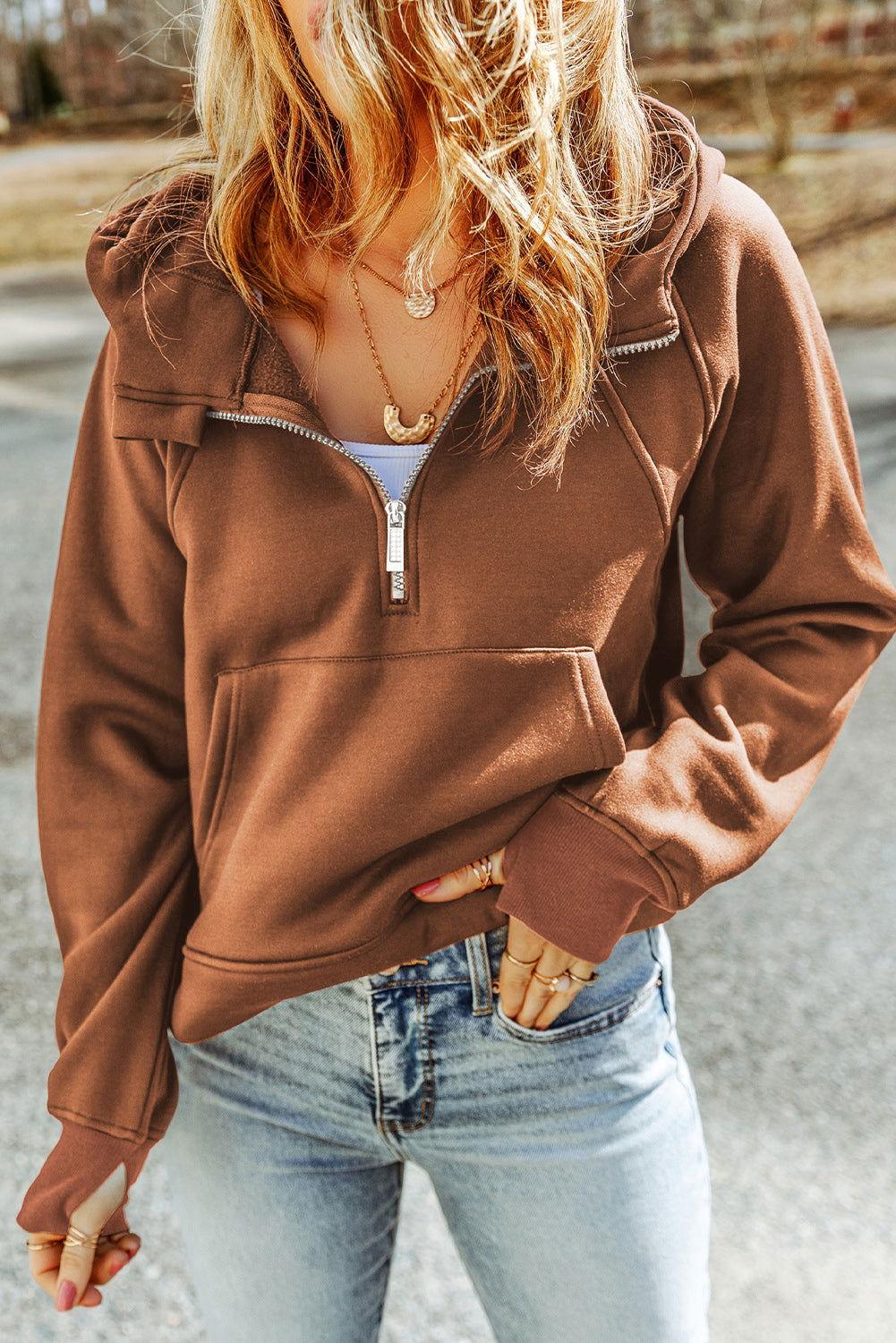 Half-Zip Thumbhole Sleeve Hoodie - Clothes For Her Online Store