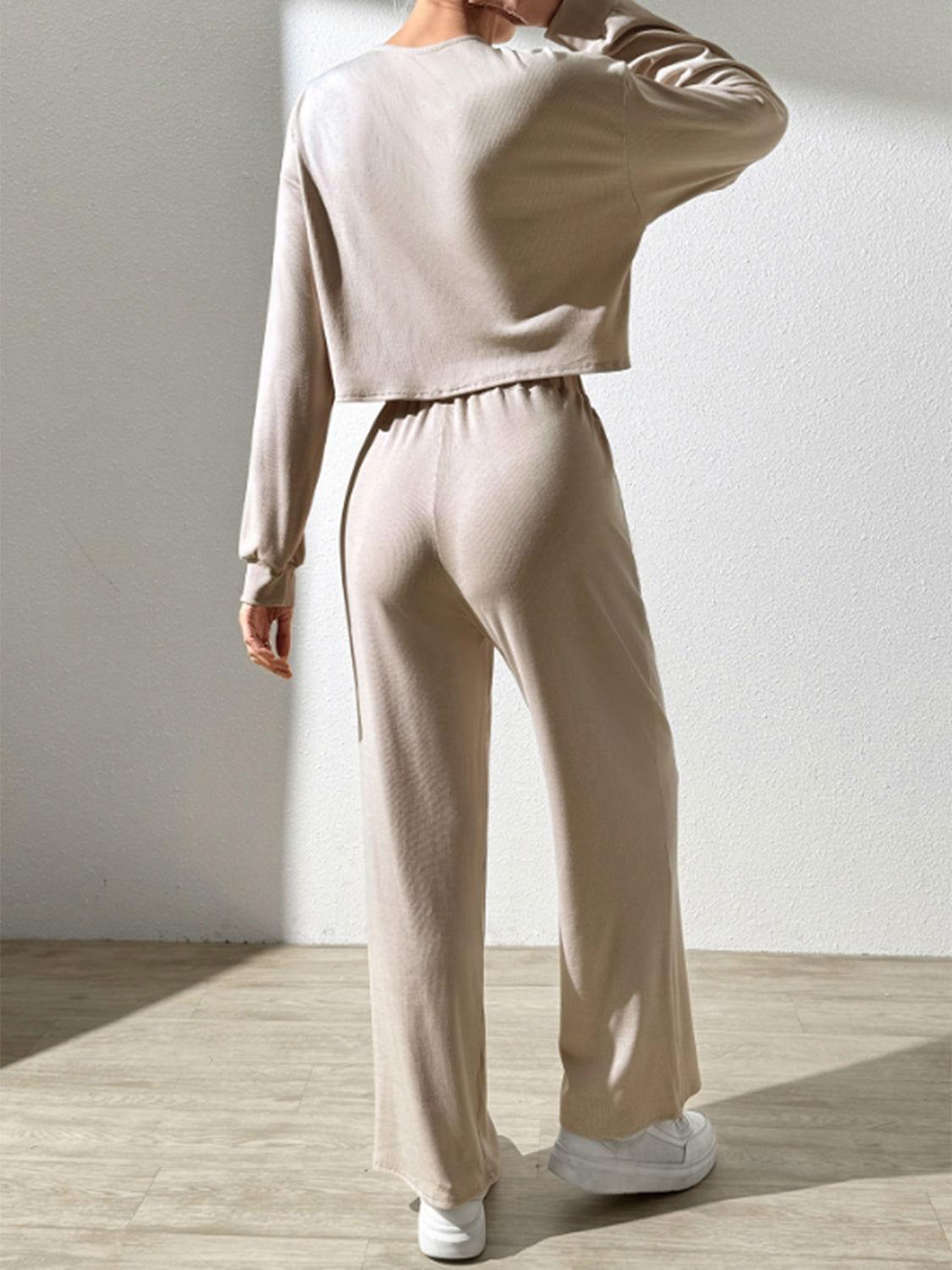 Half Button Long Sleeve Top and Pants Set - Clothes For Her Online Store