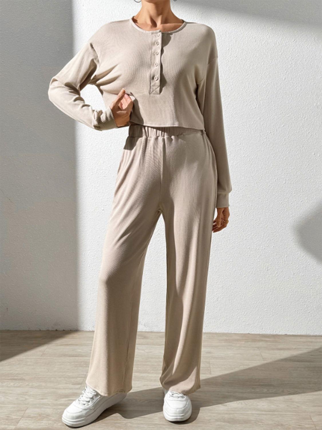 Half Button Long Sleeve Top and Pants Set - Clothes For Her Online Store