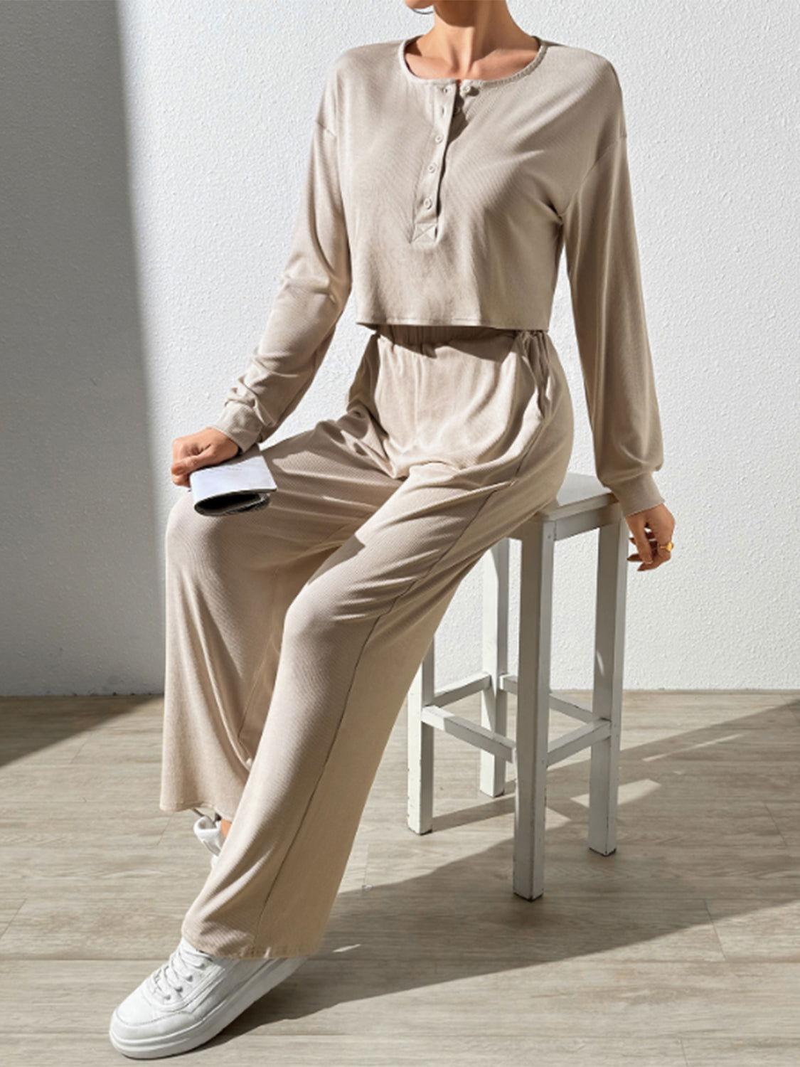 Half Button Long Sleeve Top and Pants Set - Clothes For Her Online Store