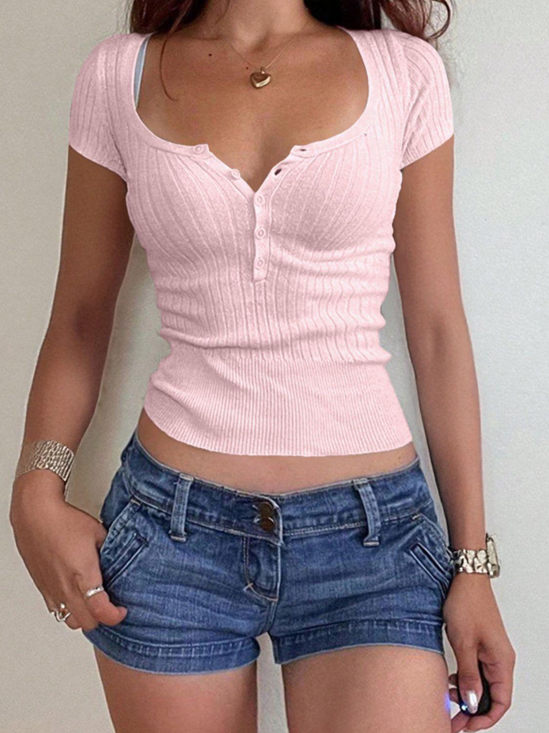 Half Button Scoop Neck Short Sleeve Knit Top - Clothes For Her Online Store
