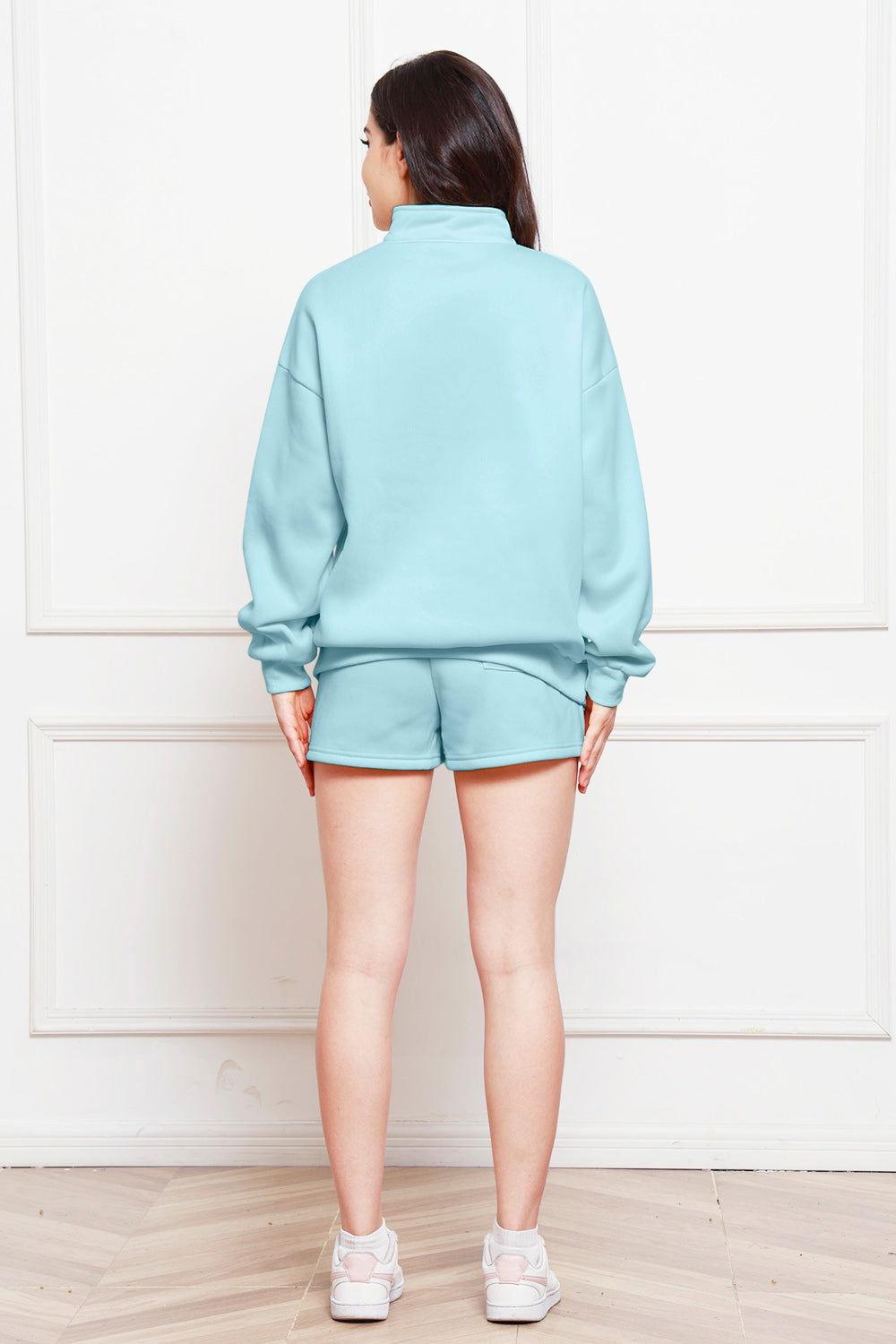 Half Zip Long Sleeve Sweatshirt and Drawstring Shorts Set - Clothes For Her Online Store